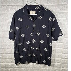 Folk Mens Shirt XL Blue Diamond Print Short Sleeve Button‎ Front Casual